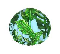 Elastic Band Waterproof Shower Cap, Double Layers Reusable Shower Cap for Women, Tropical Palm Leaves