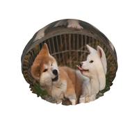 Elastic Band Waterproof Shower Cap, Double Layers Reusable Shower Cap for Women, Two Cute Akita Dog