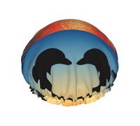 Elastic Band Waterproof Shower Cap, Double Layers Reusable Shower Cap for Women, Two Dolphins Jumping Shaped Heart