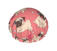 Elastic Band Waterproof Shower Cap, Double Layers Reusable Shower Cap for Women, Valentine's Day Heart Pug Dog