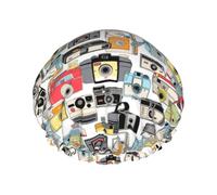 Elastic Band Waterproof Shower Cap, Double Layers Reusable Shower Cap for Women, Vintage Cameras