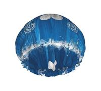 Elastic Band Waterproof Shower Cap, Double Layers Reusable Shower Cap for Women, Vintage Sea Horse Ocean Blue Series Nautical Beach Theme