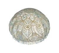 Elastic Band Waterproof Shower Cap, Double Layers Reusable Shower Cap for Women, Wall Art Boho Mandela Teal And Gold Bohemian Art