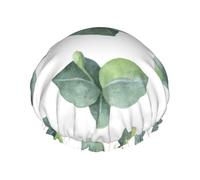 Elastic Band Waterproof Shower Cap, Double Layers Reusable Shower Cap for Women, Watercolor Eucalyptus Leaves Branches