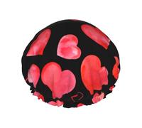 Elastic Band Waterproof Shower Cap, Double Layers Reusable Shower Cap for Women, Watercolor Red Hearts Pattern