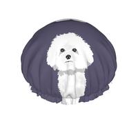 Elastic Band Waterproof Shower Cap, Double Layers Reusable Shower Cap for Women, White Bichon Frise Dog