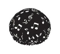 Elastic Band Waterproof Shower Cap, Double Layers Reusable Shower Cap for Women, White Music Notes
