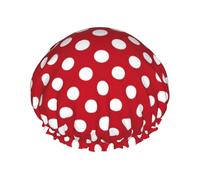 Elastic Band Waterproof Shower Cap, Double Layers Reusable Shower Cap for Women, White Polka Dots On Red