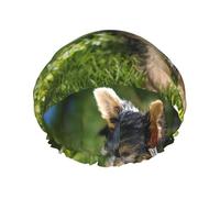 Elastic Band Waterproof Shower Cap, Double Layers Reusable Shower Cap for Women, Yorkshire Terrier Green Grass Yorkie Cute Dogs