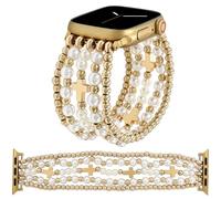 Elastic Beaded Bracelet Compatible with Apple Watch Band Women 38-49mm,Stretch Pearl Beads Band for iWatch Series 11-1,SE,Ultra (Cross, 44mm M 5.8-6.3 inch)