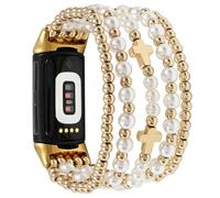 Elastic Beaded Bracelet Compatible with Fitbit Charge 6/Charge 5 Bands Women,Stretch Pearl Beads Band for Fitness Tracker (Cross/Gold, S 5.2-5.7 inch)