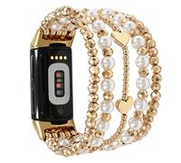 Elastic Beaded Bracelet Compatible with Fitbit Charge 6/Charge 5 Bands Women,Stretch Pearl Beads Band for Fitness Tracker (Love/Gold, S 5.2-5.7 inch)