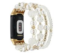 Elastic Beaded Bracelet Compatible with Fitbit Charge 6/Charge 5 Bands Women,Stretch Pearl Beads Band for Fitness Tracker (Flower/Gold, M 5.8-6.3 inch)