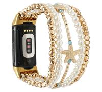 Elastic Beaded Bracelet Compatible with Fitbit Charge 6/Charge 5 Bands Women,Stretch Pearl Beads Band for Fitness Tracker (Starfish/Gold, M 5.8-6.3 inch)