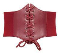 Elastic Corset Belt Women Wide Tied Waspie Belt Retro Vintage Lace Up Waist Cinch Belts Steampunk Bustier Waist Cincher Band with Straps Press Button for Dresses Halloween Party Costume (Red)