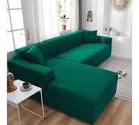 Elastic Dark Green Stretch Sofa Covers - 2pcs Slipcovers for L-shaped Couches, 90-140cm - Easy to Clean, Pet Fur Protection for Living Room Furniture