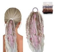 Elastic Dread Ponytail, Boho Braided Ponytail Extensionwith Beads Shell And Charm Details, Fluffy And Natural For Daily Use And Party Styling(Pink)