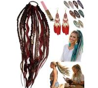 Elastic Dread Ponytail, Boho Dreadlock Hair Extension with Beads, Shell and Charm Details, Easy One-Minute Elastic Ponytail Attachment for Festival, Natural Hand-braided Ponytails for Daily (#07)