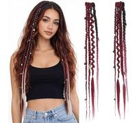 Elastic Dread-Ponytail, Clip in Braid Hair Extensions for Women, Boho Dreadlock Extensions with Clips, Synthetic Braided Hairpieces for Cosplay Daily with Beads & Charms (Red B)