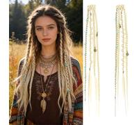 Elastic Dread-Ponytail, Clip in Braid Hair Extensions for Women, Boho Dreadlock Extensions with Clips, Synthetic Braided Hairpieces for Cosplay Daily with Beads & Charms (Gold B)