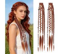 Elastic Dread-Ponytail, Clip in Braid Hair Extensions for Women, Boho Dreadlock Extensions with Clips, Synthetic Braided Hairpieces for Cosplay Daily with Beads & Charms (Red)