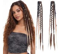 Elastic Dread-Ponytail, Clip in Braid Hair Extensions for Women, Boho Dreadlock Extensions with Clips, Synthetic Braided Hairpieces for Cosplay Daily with Beads & Charms (Brown B)