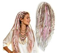 Elastic Dread Ponytail Hair Extensions, Boho Hand-Braided Long Viking Dreadlock Extensions Fashionable Hair Accessories for Music Festival Travel & Daily Wear(Pink)