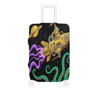Elastic durables luggage cover Scratch-Resistant Fit suitcase covers luggage protector Fit 18-32 Inch Luggage, Cartoon Space rocketing octopodes black, L 26-28 in