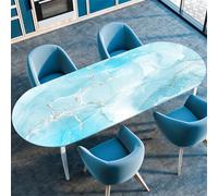 Elastic Edged Oval Tablecloth Marble Print Table Protector Stain-Resistant Dining Table Cover for Kitchen Adjustable Fit (132x305cm/52x120 Light Blue)