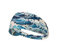 Elastic Exercise Headband Fashionable Sweat Absorption Breathable and Exquisite Ukiyo-e style waves Print Design