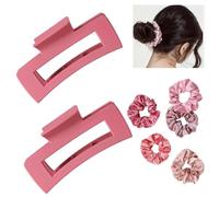 Elastic Hair Ties & Satin Scrunchies - 2 PINK Claw Clips & 2 Scrunchies, Ponytail Hair Bobbles, Large Claw Clips