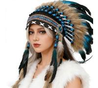 Elastic Indian Kokoshnik Headdress with Tribal Decorative Headband Feathered Headdress Delicate Ethnic Indian Headwear African Tribe Chiefs Stage Halloween Party Hairband Feathered Headdress Ethnic
