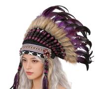 Elastic Indian Kokoshnik Headdress with Tribal Decorative Headband Feathered Headdress Delicate Ethnic Indian Headwear African Tribe Chiefs Stage Halloween Party Hairband Feathered Headdress Ethnic