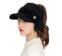 Elastic Knit Visor Hat for Women Chic Keep Warm Temperament Baseball Cap with Fluffy Warm Earmuffs for Cold Weather (Black)