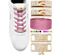 Elastic No Tie Shoe Laces with Bling Diamond Locks & Charms for Women's Sneakers, 07 Glitter Pink- Gold, 105