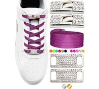 Elastic No Tie Shoe Laces with Bling Diamond Locks & Charms for Women's Sneakers, 09 Glitter Purple- Silver, 105