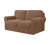 Elastic Sofa Cover for 2-Seater Couch, Anti-Slip Design, Stretchy Fabric, Separate Backrest & Seat Cushs, Coffee Color, Fur-Like Texture for Ultimate Comfort.
