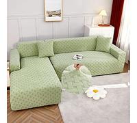 Elastic Sofa Cover with Right/Left Chaise 2pc Stretch L Shaped Sofa Slipcover Anti Slip Protector for 1/2/3/4 Seater Green for 3 & 4 Seats