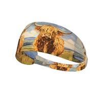 Elastic Sports Headband Hairband BROLEO Highland cows on the grassland Prints Soft, Breathable, Quick-Dry