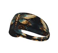 Elastic Sports Headband Hairband YYHWHJDE Gold color delicate Dragonfly flower Pattern Soft, Breathable, Quick-Dry