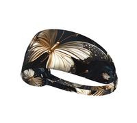 Elastic Sports Headband Hairband YYHWHJDE Gold White Butterflies Black Pattern Quick Drying, Moisture Wicking