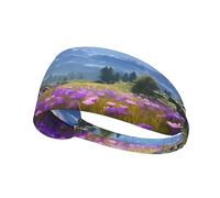 Elastic Sports Headband Hairband YYHWHJDE Nature Purple Flowers Meadow Mountain Scenic Pattern Soft, Breathable, Quick-Dry