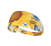 Elastic Sports Headband Hairband YYHWHJDE yellow sunflowers with blue butterflies Pattern Quick Drying, Moisture Wicking