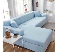 Elastic Stretch Sofa Covers for Living Room - Plain Light Blue Slipcovers for L-shaped Couch 2pcs Set Fits 90-140cm Seats - Durable & Easy to Clean