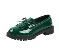 Elastic Top Slip On Loafers for with Glossy Finish Bow Tassel Detail Comfortable Chunky Heel Everyday Casual Shoes