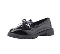 Elastic Top Slip On Loafers for with Glossy Finish Bow Tassel Detail Comfortable Chunky Heel Everyday Casual Shoes