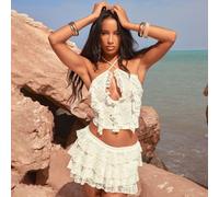 Elastic Waist Band Frill Detail Mini Skirt In Cream Lace, Women's Size UK 14