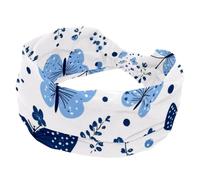 Elastic Womens Headbands Wide Hairband Blue Butterfly and Flower Pattern Non-Slip Headband Sweatband Yoga Head Band for Workout, Gym, Running, Fitness, Sport