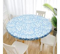 Elasticated Edge Table Cover Round Flannel Bottom Vinyl Fitted Tablecloth, Oil and Waterproof Wipeable Table Protector 90-110CM/110-140CM Diameter (Blue leaf pattern, 110-140 cm)