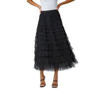 Roman Elasticated Mesh Tiered Ruffle Skirt for Women UK - Ladies Autumn Everyday Winter Holiday Midi Length Comfy Pull On Soft Stretch Waist Dinner Out Skirts - Black - Size 20